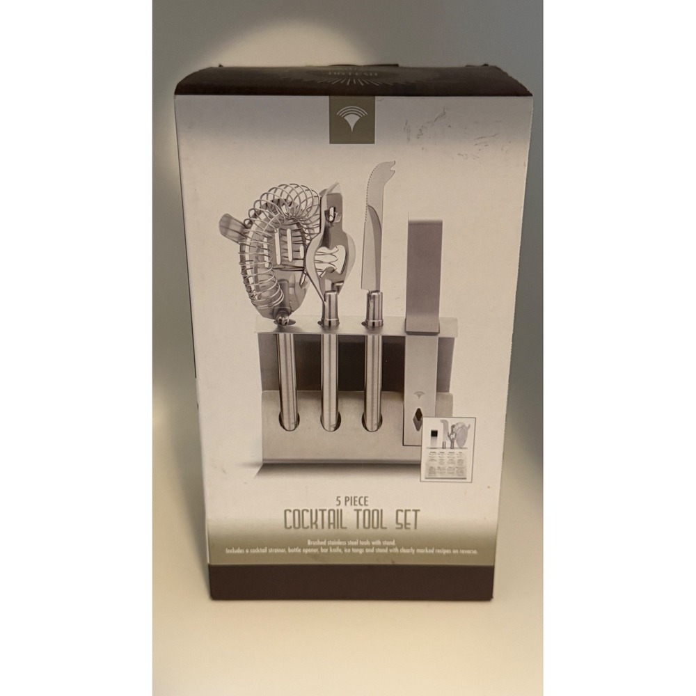 NEW 5 Piece Cocktail Tool Set Silver Barware Kit with Recipe Stand